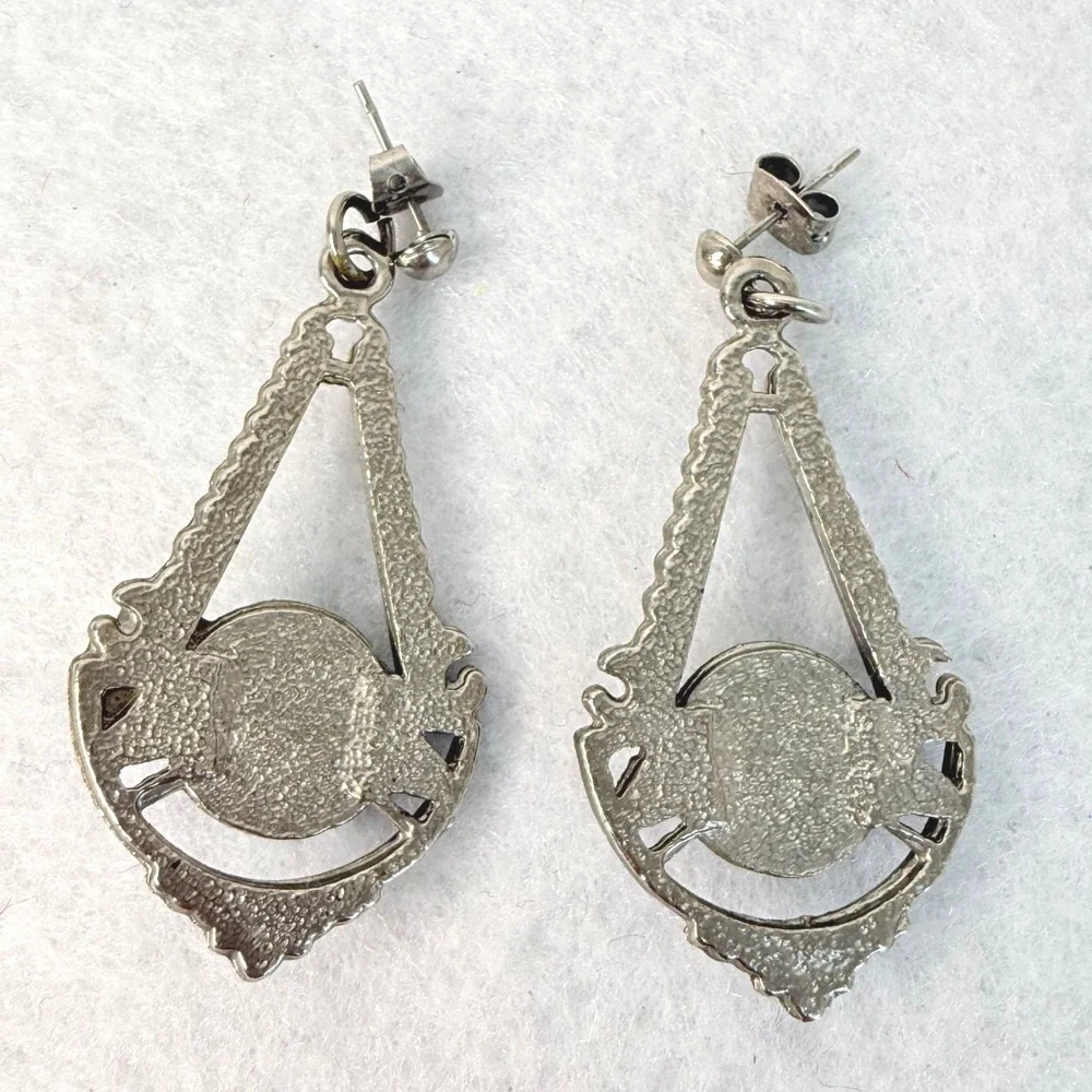 VTG‎ Silver Tone Faux Turquoise Dangle Earrings Southwest Art Deco Boho